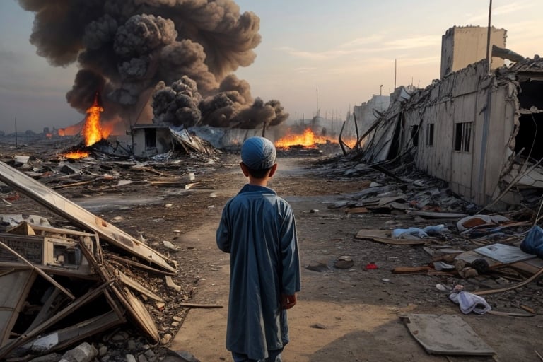 (masterpiece, top quality, best quality),(focus)small kid torn Arabic dress (bandage on head along eye),in his hand there is metal plate, looking toward sky for drop missile,
the whole place is destroyed after air bombing.
There is an ambulance on fire near by ,
