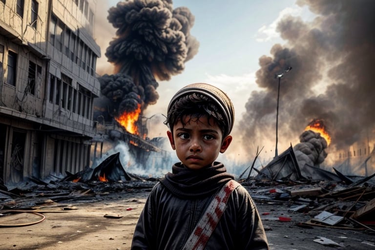 (masterpiece, top quality, best quality),(focus)small kid torn Arabic dress (bandage on head along eye),in his hand there is metal plate, looking toward sky for drop food from air,
the whole place near masjid aqsa is destroyed after air bombing.
There is an ambulance on fire near by ,

