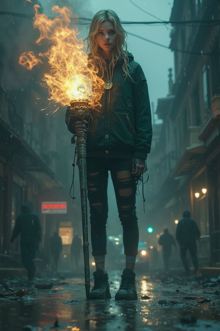 In a hauntingly photorealistic image, an angelic 18-year-old blonde beauty, reminiscent of elle from "last of us",, stands poised above a ravaged Victorian-era street, amidst a zombie-infested apocalypse. Her porcelain doll-like skin glistens in the rain-soaked atmosphere as she effortlessly floats above the chaos. A subtle, mischievous smile plays on her innocent face, hinting at a clever and naughty demeanor. Her slender physique is clad in casual wear: sneakers, socks, leggings, and a hoodie. The real showstopper is her right hand, grasping an ivory staff adorned with silver runes and topped with a shimmering sapphire globe, which pulses with magical energy. As she surveys the devastated cityscape, her amber eyes gleam with determination. With a flick of her left hand, icy shards and fire bolts erupt to repel the shambling undead zombies marching towards her, serving as the last line of defense for the fleeing people behind her. The framing captures her ethereal pose, suspended mid-air, while the panoramic view showcases the desolate cityscape, highlighting the contrast between her serene demeanor and the apocalyptic chaos her magic has unleashed.,Ellie Williams,Midjourneyart