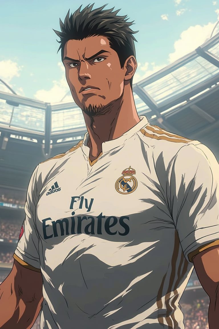 An anime-style picture of Cristiano Ronaldo wearing his iconic Real Madrid uniform. His spiked black hair and confident expression should be highlighted, capturing his intense focus and determination. The uniform should be detailed with the classic white and gold accents, featuring the Real Madrid logo on his chest. The background should be slightly blurred to keep the focus on Ronaldo’s athletic build and the flowing movement of his jersey. The lighting should emphasize the anime-style sharpness of his facial features and the energetic, dynamic aura surrounding him, giving the image a high-impact, action-packed feel,Niji journey