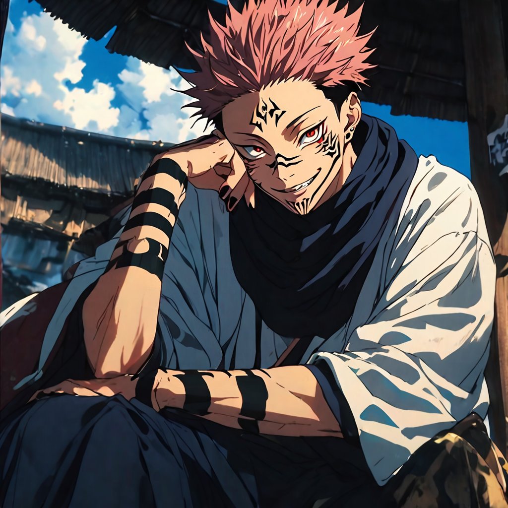 solo, looking at viewer, smile, short hair, red eyes, 1boy, sitting, pink hair, male focus, japanese clothes, kimono, scarf, tattoo, spiked hair, black nails, head rest, smirk, white kimono, arm tattoo, undercut, facial tattoo, extra eyes, ryoumen sukuna \(jujutsu kaisen\), photo background,scenery