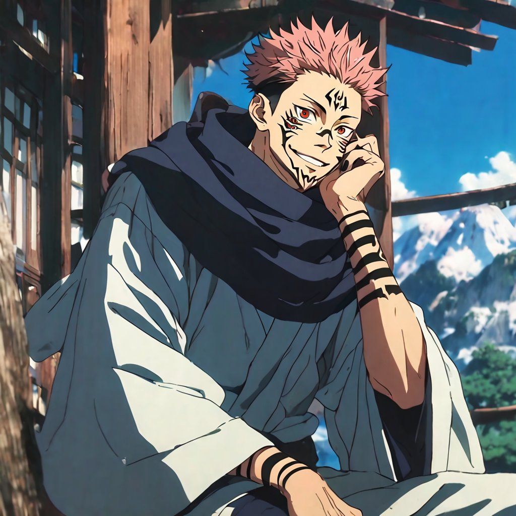 solo, looking at viewer, smile, short hair, red eyes, 1boy, sitting, pink hair, male focus, japanese clothes, kimono, scarf, tattoo, spiked hair, black nails, head rest, smirk, white kimono, arm tattoo, undercut, facial tattoo, extra eyes, ryoumen sukuna \(jujutsu kaisen\), photo background,scenery, ghibli style 