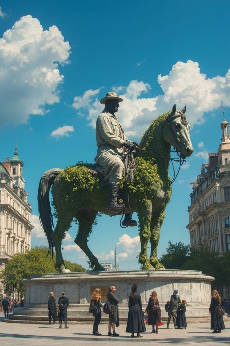 Captured at eye-level on a sunny day, a statue of a man seated atop a horse-like structure. The horse-shaped structure is adorned with green ivy, adding a touch of nature to the scene. The statue, positioned in the center of the frame, is a stark contrast of white and gray, while the building on the left and right are adorned with ornate architecture. The sky is a deep blue, dotted with a few white clouds. A group of people, dressed in dark clothing, stand in front of the statue,Midjourneyart