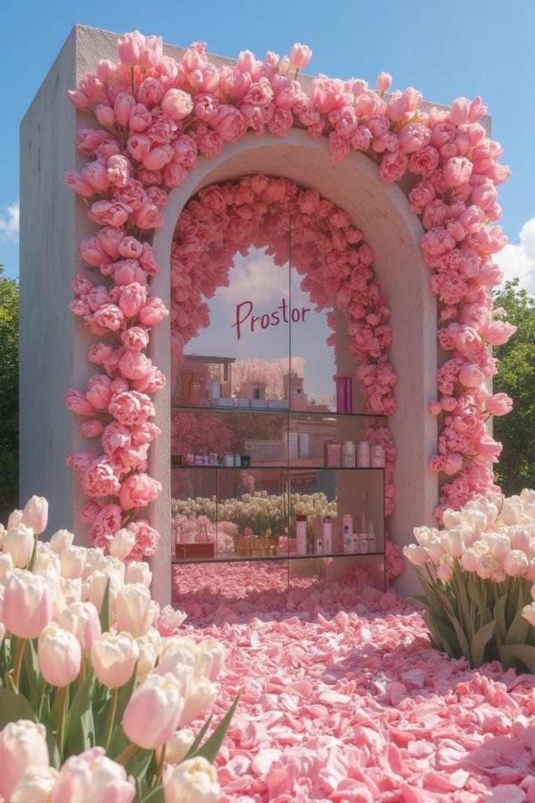 Pop-up shop made of pink tulips, concrete and glass, an arch-shaped structure with a large mirror inside. Also inside are cosmetics. It says "Prostor" on the front. Outside we see large white flowers and more tulip petals covering the whole space. It's a sunny day with blue skies. The photo is in the style of street and architectural magazine photography,Midjourneyart