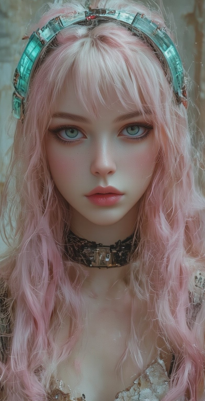 a close-up shot of a woman with long, light pink hair is adorned with a pair of goggles on her head. Her eyes are blue, and her lips are painted a pale pink. Her hair is cascading over her shoulders, framing her face. She is wearing a black and teal necklace around her neck, adding a touch of contrast to her outfit. The background is blurred, creating a stark contrast to the woman's outfit.,illustr3alFlux,ILLUSTRANIME,REALNIME,Midjourney v6