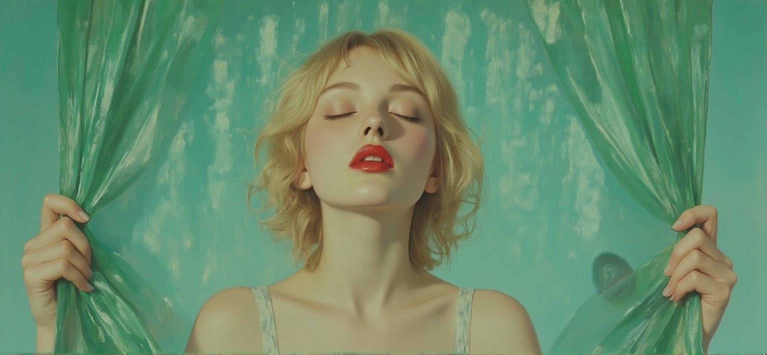 A captivating vintage-inspired painting of a young woman with blonde hair, possibly in her 20s or 30s, standing behind a translucent green shower curtain. Her fair skin contrasts with her vibrant red lipstick, and her eyes are closed as she looks upwards. The woman's hands gently hold the curtain, while the turquoise background and visible showerhead create a serene and nostalgic atmosphere. The realistic painting style, with its subtle vintage touch, evokes a sense of timeless elegance and beauty., painting,Midjourney v6