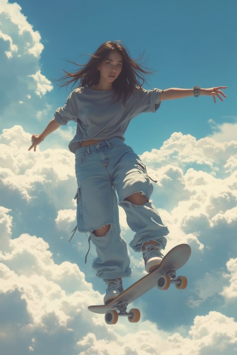 A photograph of a Philippine woman wearing baggy jeans, and a gray shirt, Skateboarding on the clouds in mid-air. open eyes, The image features photo-realistic landscapes, real photo, a vivid color scheme, and an exaggerated perspective,Midjourneyart