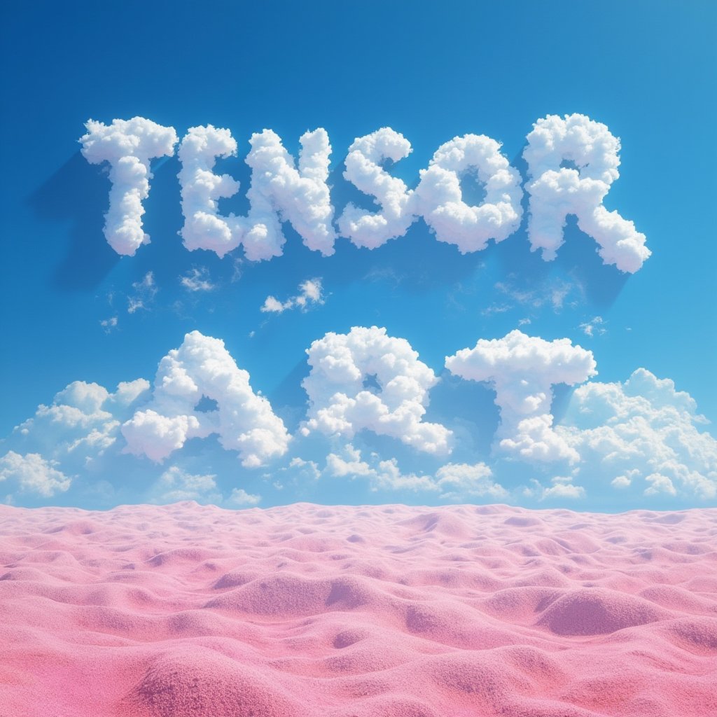 A little far away picture of A clouds in kight blue sky Clouds form in the shape of a word "TENSOR ART",There is pink sand on the ground,Midjourneyart