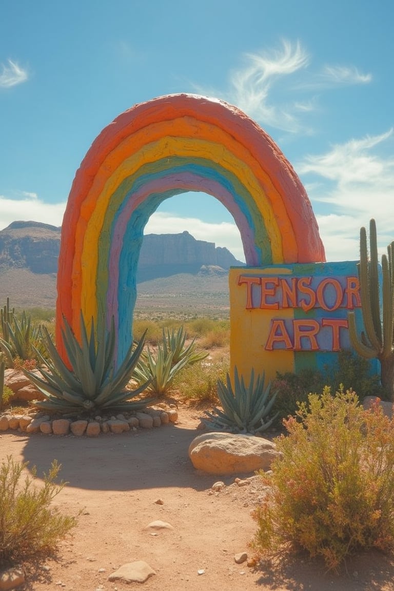 Captured at eye-level on a sunny day, a vibrant rainbow arch is visible. The arch is made up of a variety of vibrant colors, including red, blue, yellow, green, and purple. The rainbow arch casts a shadow on the ground below it, adding a pop of color to the scene. To the right of the arch, a sign with the words "TENSOR ART" is prominently displayed. In front of the sign, a few cactus plants are arranged in a circular pattern. In the background, a mountain can be seen. The sky is a muted blue, with a few wispy clouds,Midjourneyart