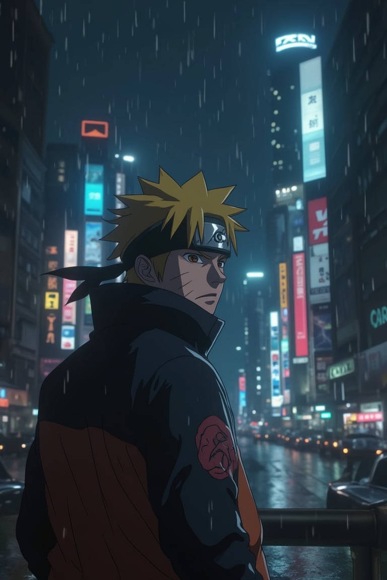 A cinematic close-up picture of Naruto under rain,at night,neon city behind him,Niji journey