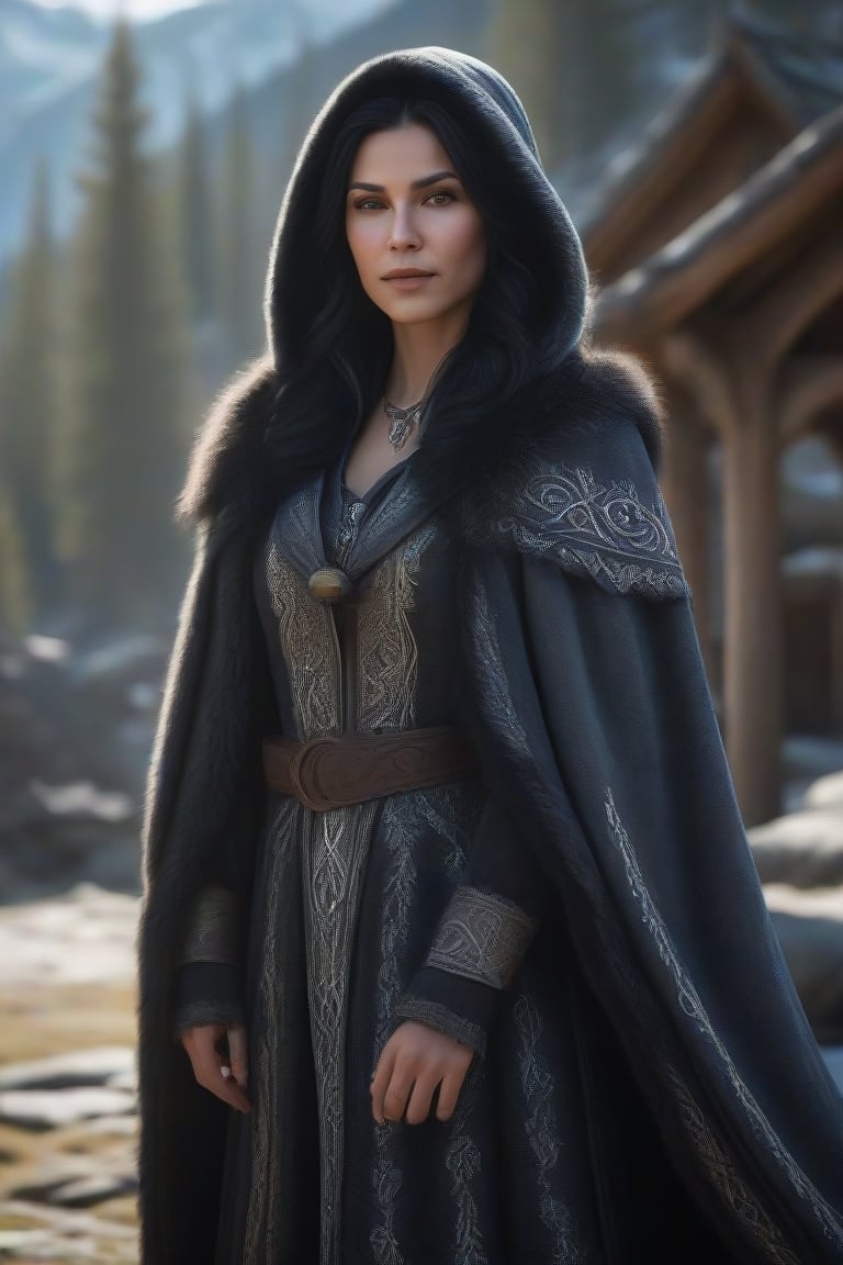 8k, (a skyrim female magician), with a black wavy hair, taned skin, (fur long coat and long cape), ((with a long fur dress and nordic engravings on clothing)), (a wide hood), focused composition, very sunny day, fine details. In a fantastic nordic environment, detailed natural skin and blemishes