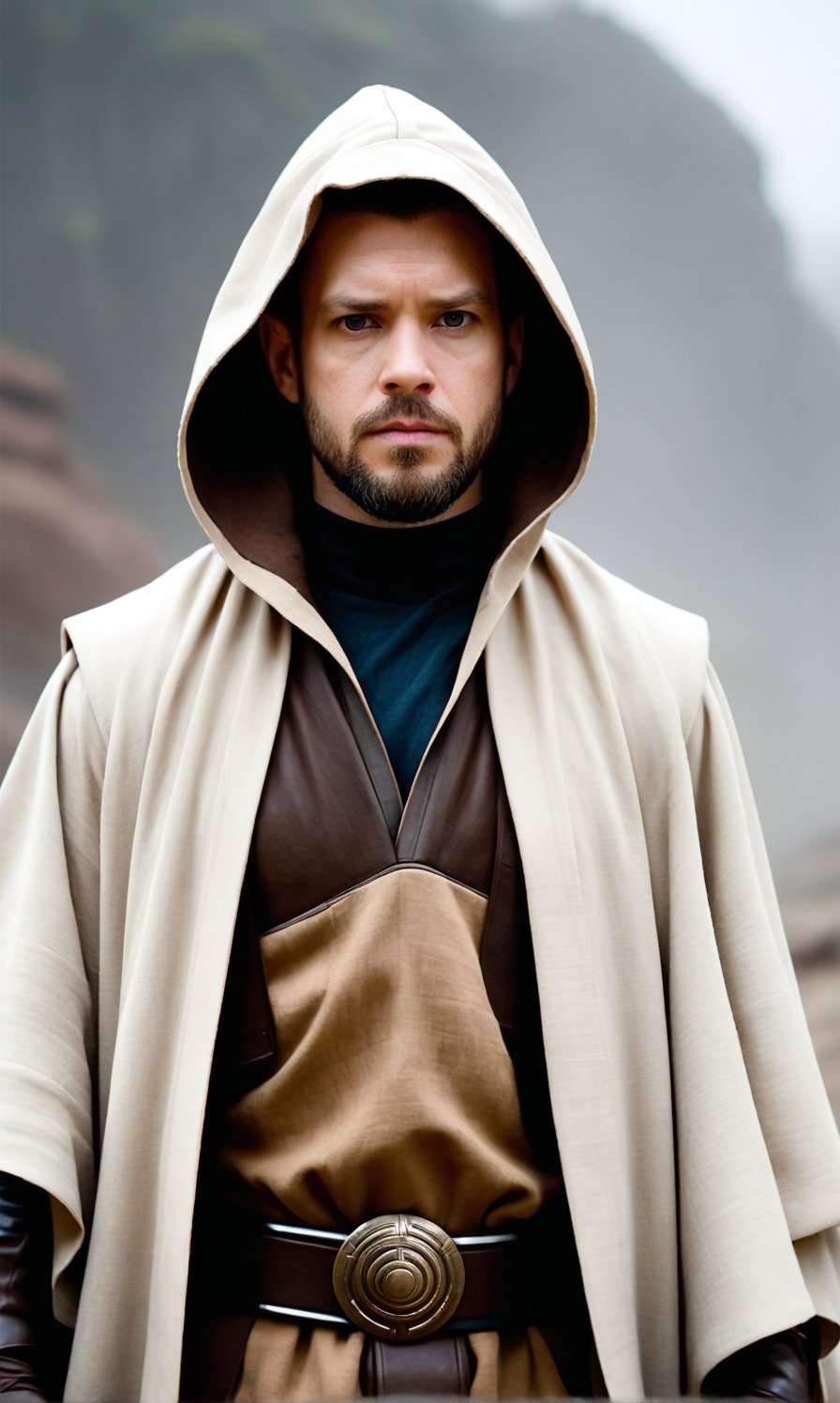 medium portrait, a male jedi from star wars movie, manly, wearing a beige jedi attire, and brown linen cape, hooded, with black leather pants and gauntlets, shaved beard, ((inside a sci-fi environment)), photo realistic, fine details, sharp subject, focused composition, high definition, professional photography, very detailed photography, shallow depth of field, (foggy background:1.2), gloomy atmosphere, muted colors, cinematic tones, (merge nature with Science fiction:1.4)