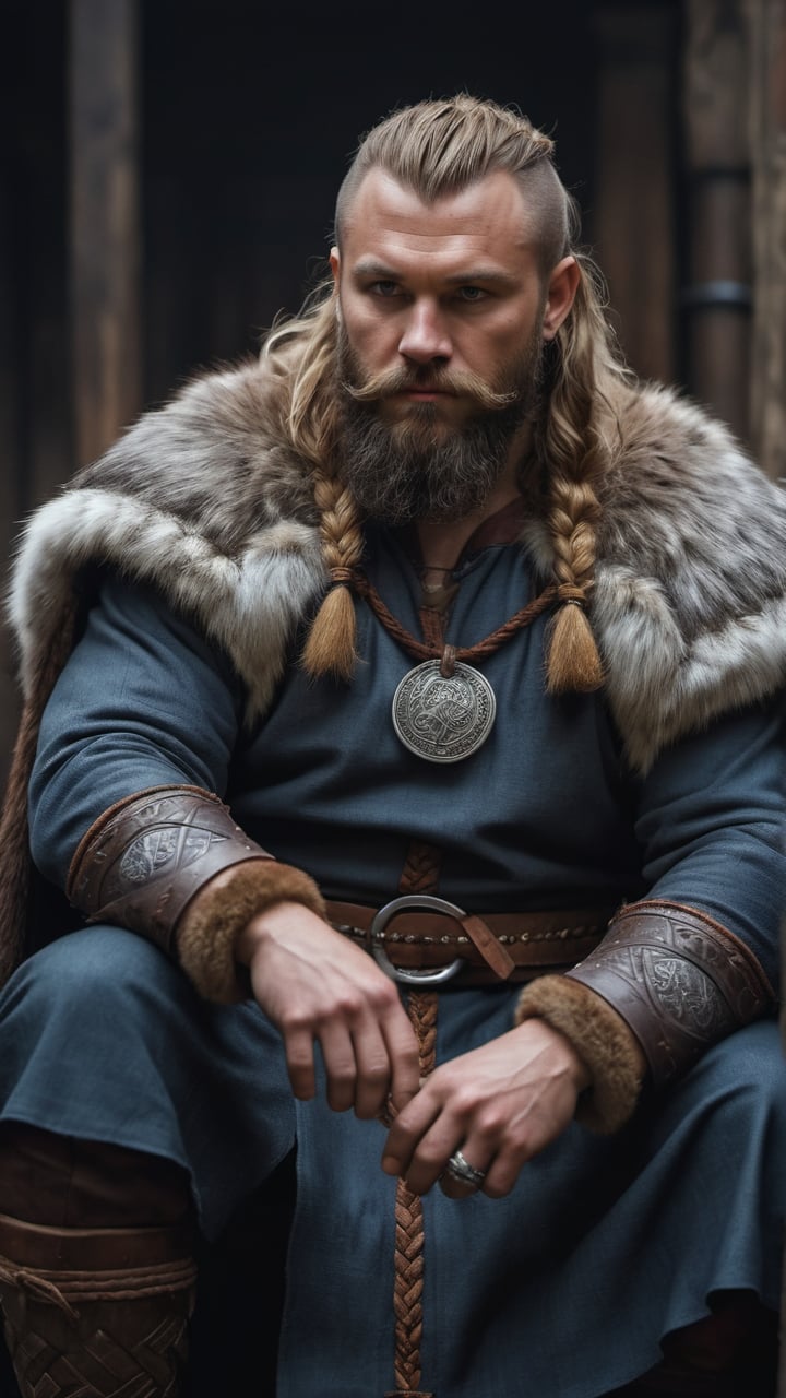 long portrait, manly king viking, sitting with a intricate viking attire, photorealistic, dramatic photography, professional composition, high definition, very detailed photography, soft contrast, muted tones, cinematic colorsshot with a Zeiss Otus 55 mm lens F/1.4, volumetric warm light, warrior king inside a viking wooden fortress, film grain, film vignette, Extremely Realistic, dark moody atmosphere, big fur coat, Thoughtful, (four fingers and one thumb on each hand)