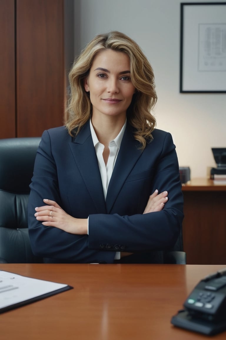 lawyer sitting in her chair behind the desk in her office, dressed in a suit with a friendly gesture, loose hair, arms crossed, minimalist office, ambient light, professional photography, front view, balanced composition, 4k, detailed image