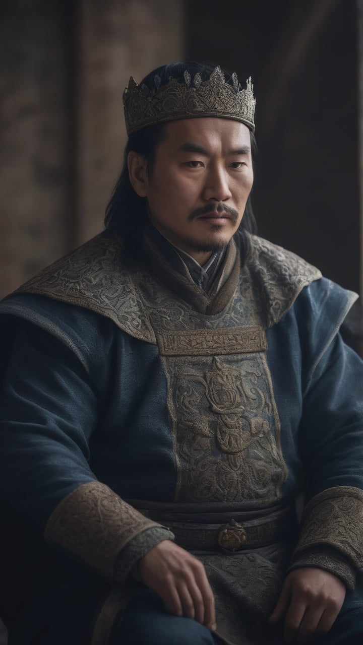 a cinematic long portrait, manly king mongol, sitting with a intricate king attire, photorealistic, dramatic photography, professional composition, high definition, detailed photography, soft contrast, muted tones, cinematic colors, shot with a Zeiss Otus 55 mm lens F/1.4, volumetric light, inside a castle, film vignette, gloomy atmosphere, textured skin face