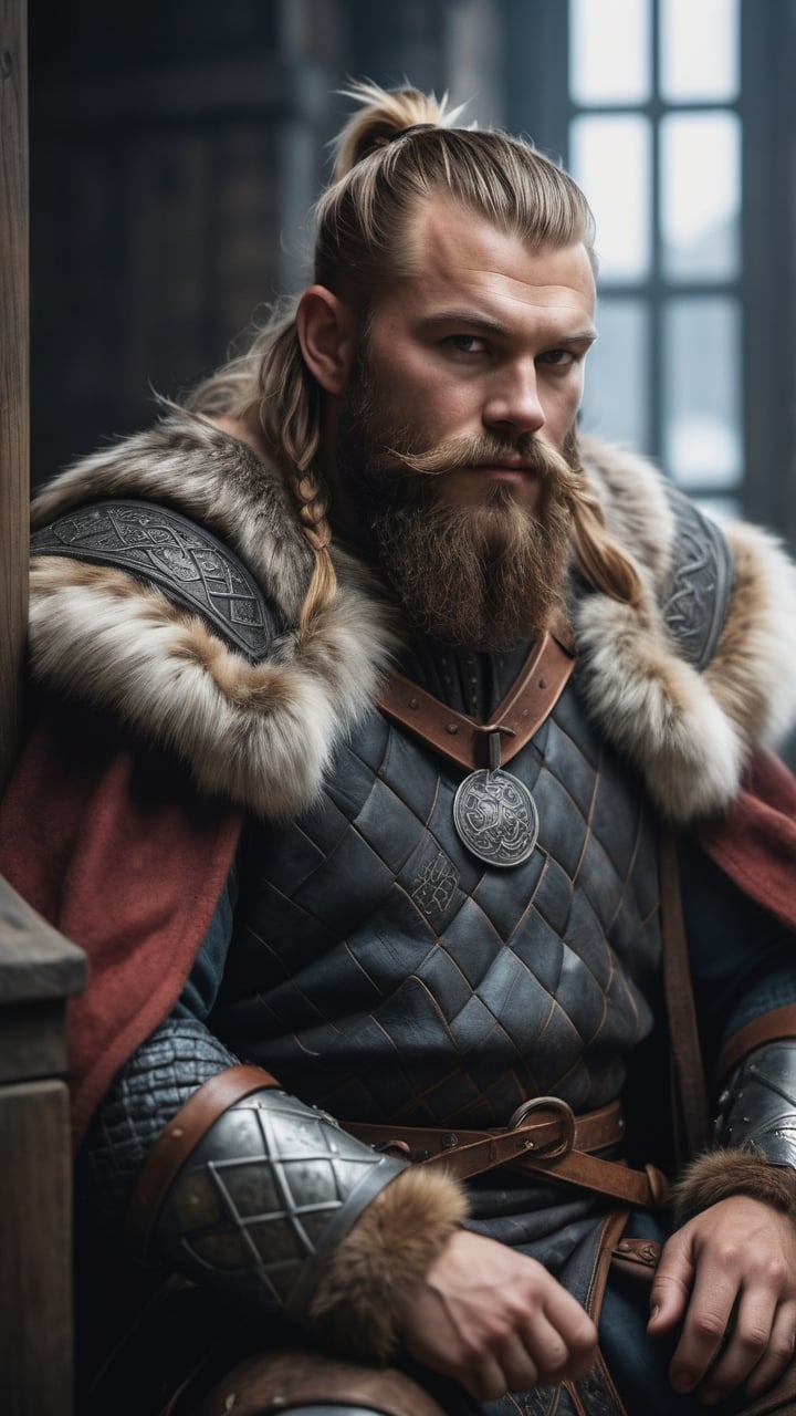 long portrait, manly king viking, sitting with a intricate viking attire, photorealistic, dramatic photography, professional composition, high definition, very detailed photography, soft contrast, muted tones, cinematic colorsshot with a Zeiss Otus 55 mm lens F/1.4, volumetric warm light, warrior king inside a viking wooden fortress, film grain, film vignette, Extremely Realistic, dark moody atmosphere, big fur coat, Thoughtful, (four fingers and one thumb on each hand)