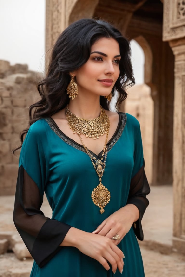 portrait of a young woman persian, ((wavy black hair to the side of his neck)), round face, delicate perfect hands, beautiful face, serene expression, shy smile, gold necklace and large earrings, in a former Persian style, printed teal dress, in front of a damaged Persian old structure, dusty, dust in the air, persian ruins, dusty atmosphere