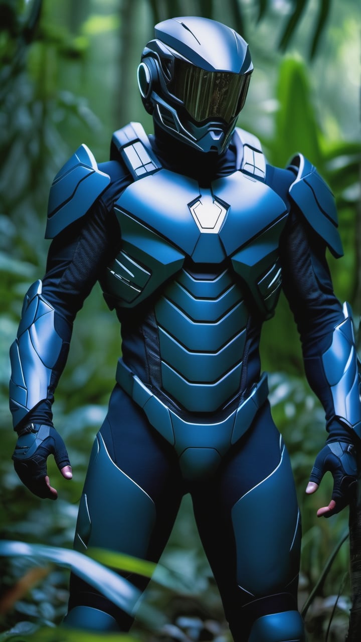 a man dressed with the nanosuit, from the Crysis game, in the middle of the jungle, photo, very detailed photography, enhanced details, shallow depth of field, high definition, action pose, futuristic visor, soft contrast, RAW photo, shot with a Zeiss Otus 55 mm lens F/1.4