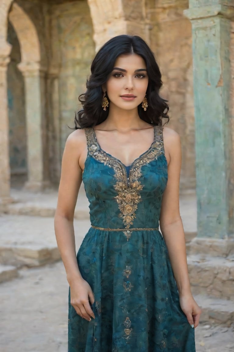 full body shot of a young woman persian, ((wavy black hair to the side of his neck)), round face, delicate perfect hands, beautiful face, serene expression, shy smile, gold necklace and large earrings, in a former Persian style, printed teal dress, in front of a damaged Persian old structure, dusty, dust in the air, persian ruins, dusty atmosphere