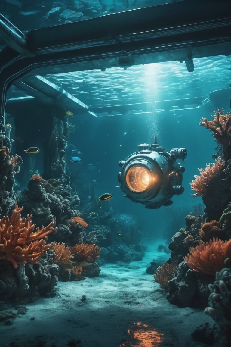 ((a mysterious underwater futuristic sci-fi station)), from a sci-fi movie, around the base there is underwater life and coral plants, (in the distance a underwater machine), ultra detailed photography, photo realistic, cinematic shot, cinematic tones, (underwater wildlife:1.1), gloomy scene, dramatic lights, dramatic film, ((dark and dramatic scene)), volumetric light, (teal orange color graded:1.2), poor lighting, very detailed image, fine details, 4k film, underwater space station