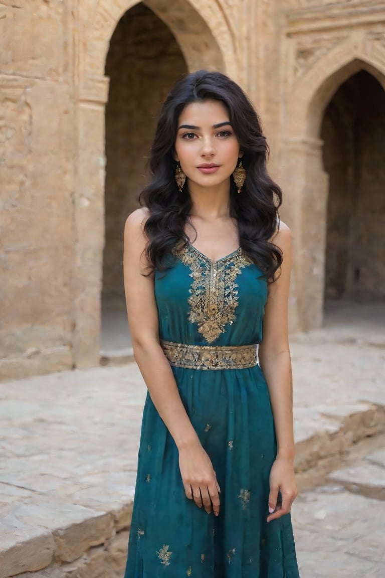 full body shot of a young woman persian, ((wavy black hair to the side of his neck)), round face, delicate perfect hands, beautiful face, serene expression, shy smile, gold necklace and large earrings, in a former Persian style, printed teal dress, in front of a damaged Persian old structure, dusty, dust in the air, persian ruins, dusty atmosphere