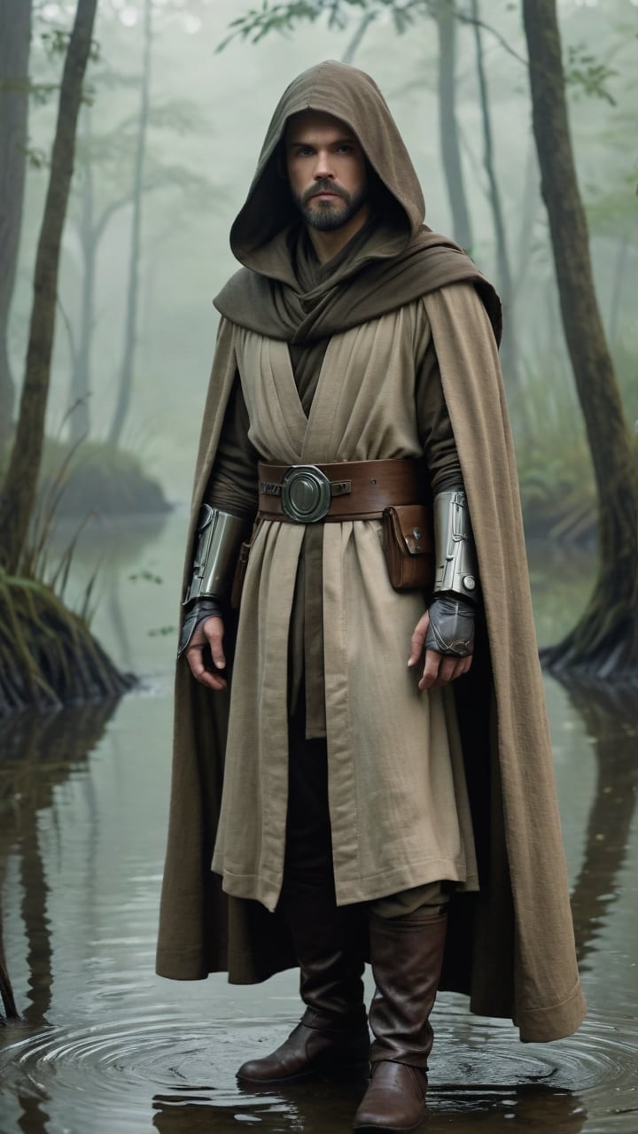 medium portrait, a male jedi from star wars movie, manly, wearing a beige jedi attire, and brown linen cape, hooded, with black leather pants and metallic gauntlets, shaved beard, ((in a dense foggy swamp)), photorealistic, fine details, sharp subject, focused composition, high definition, professional photography, very detailed photography, shallow depth of field, (foggy background:1.2), gloomy atmosphere, muted green colors, cinematic tones, (merge nature with Science fiction:1.2), film still