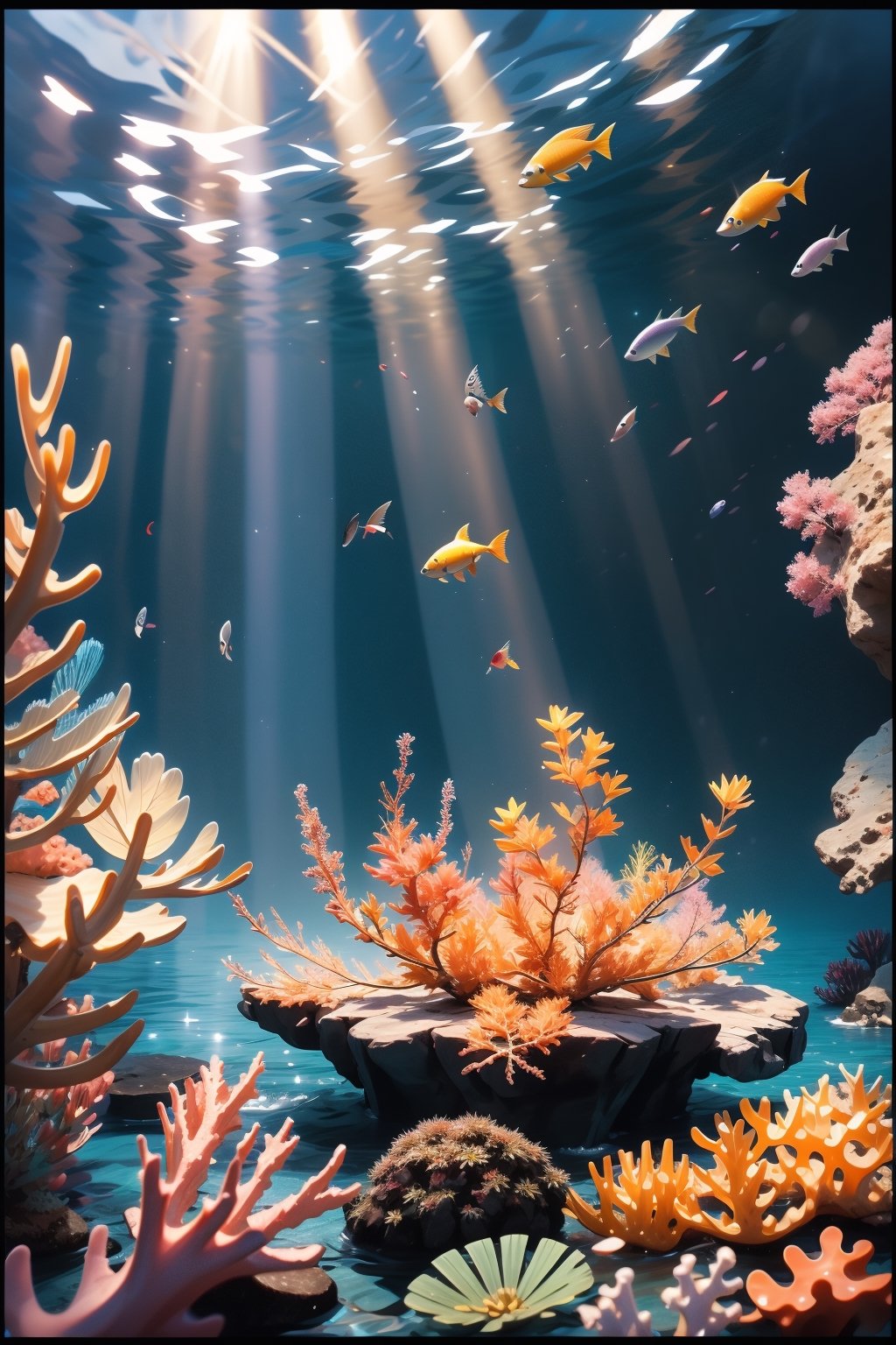 Ultra detailed),( The best lighting, jpeg artifacts, signature, mechanical, 8k, HD, fantasy, green jungle, thick fog blue sky, summer, midjourney,1girl in sea, Imagine the following scene: Under the sea, on a coral reef, three beautiful colorful fish swim. On the surface it is daytime, the sunlight enters the sea, giving beautiful sparkles to the image The perspective of the shot is from bottom to top, detailing the corals and the fish in the center. You can see the surface of the sea, fellajob,Sexy Muscular,glitter, fellatio,cloudstick
