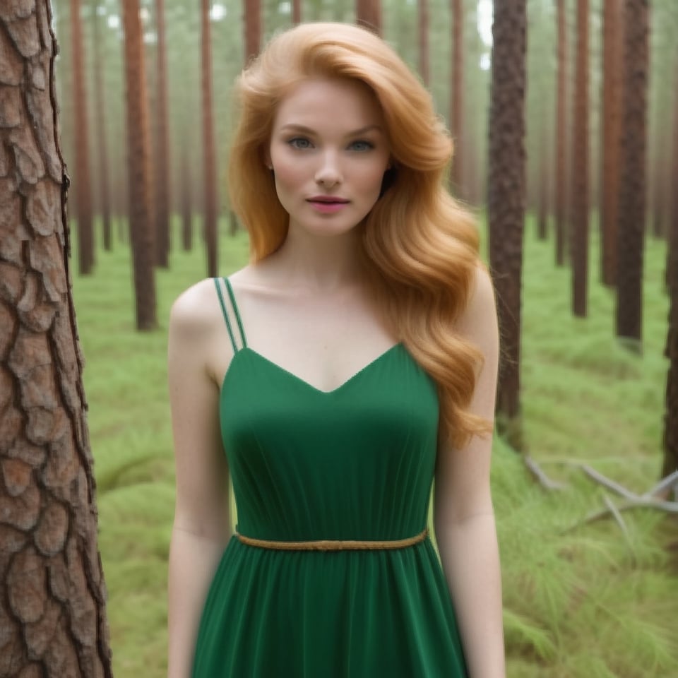 strawberry blonde beauty in a pine forest wearing a green dress 