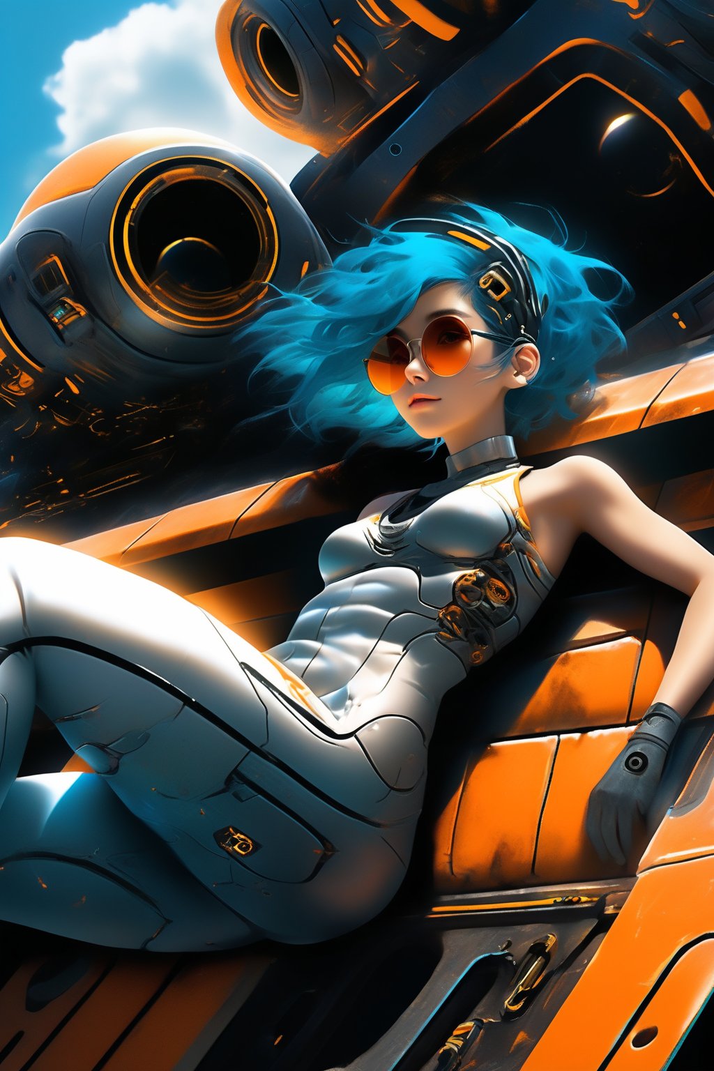 A girl reclines on the roof of a spaceship under construction, clad in a open mechanic's suit, sport bra. Her short blue hair peeks out from under her sunglasses as she gazes up at the sky with a light smile. Various tools lie scattered around her.