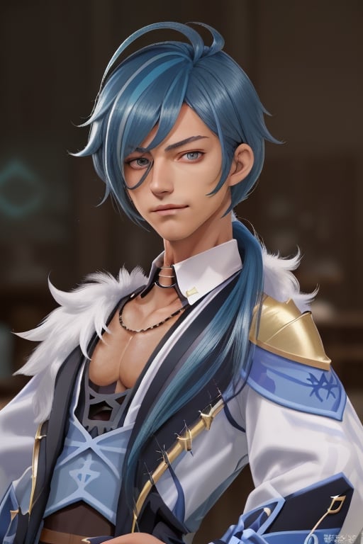 detailed, high definition.  (character) boy, Kaeya alberich from the game Genshin impact.  (hair) blue, long, collected, ponytail resting on the left shoulder.  (body) slender, tall.  (boy) dark-skinned, blue eyes, with a park in his right eye.