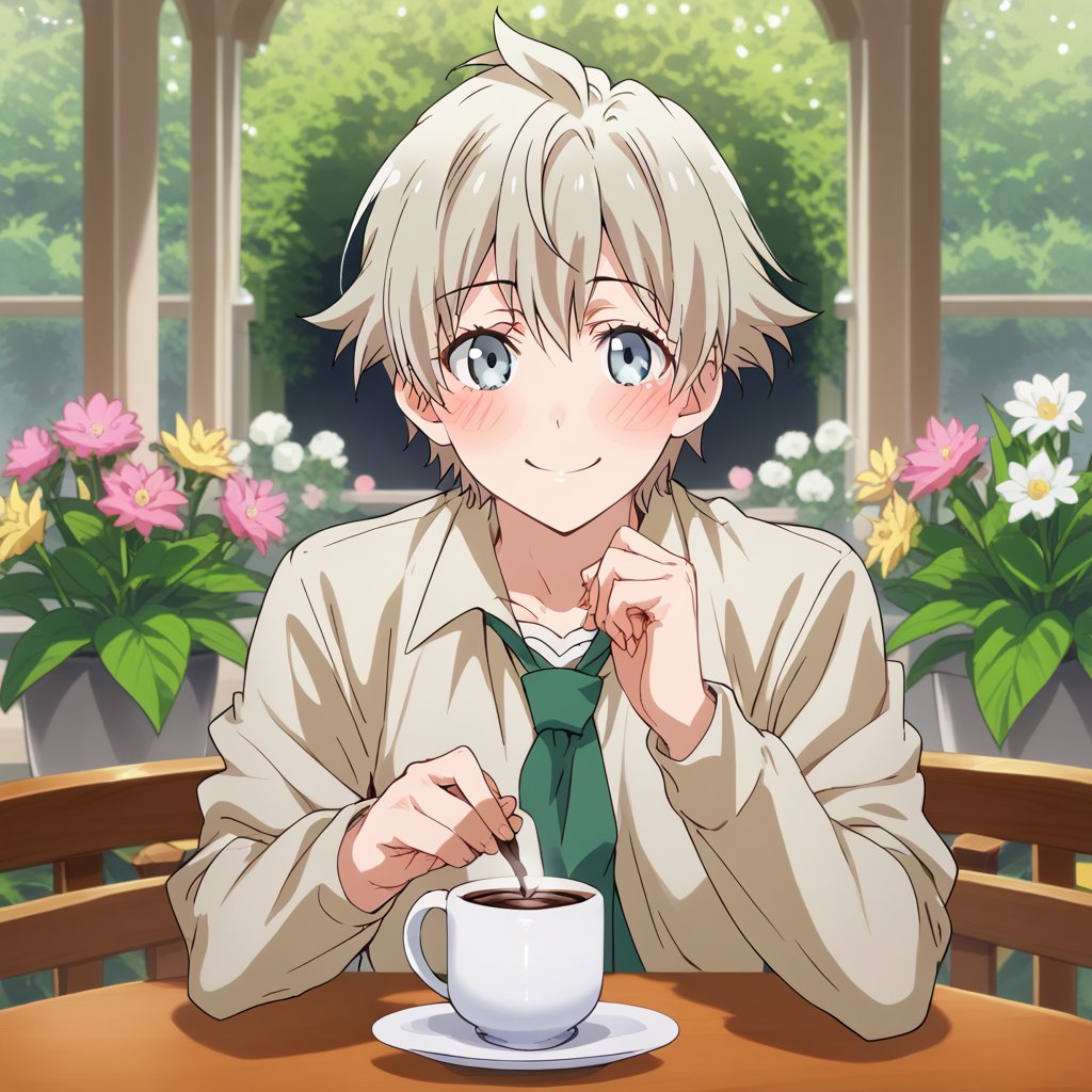 a man 
having a cup of coffee at a table in the flower garden, blushing, smile
,saika totsuka