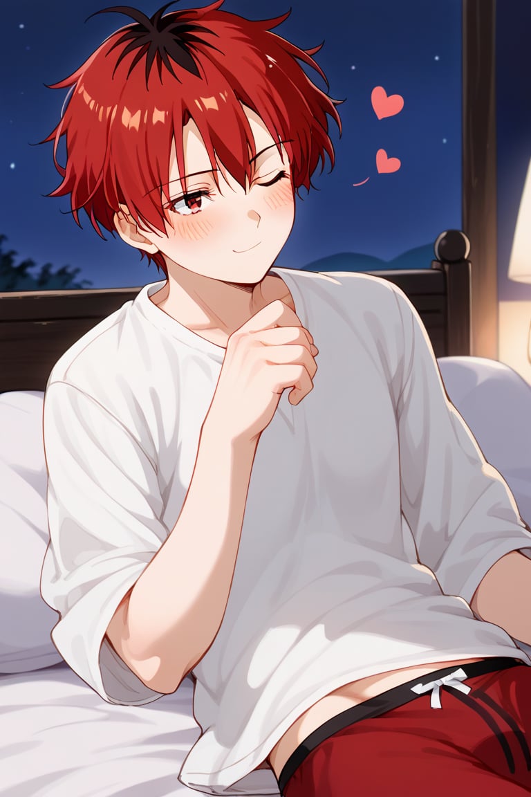 anime, man, sexy pose, lying on a bed, with his shirt open, night, male underwear,,, blushing,, 
sitting, winking, hearts of appeal,stark_sousou_no_frieren,red eyes,red hair