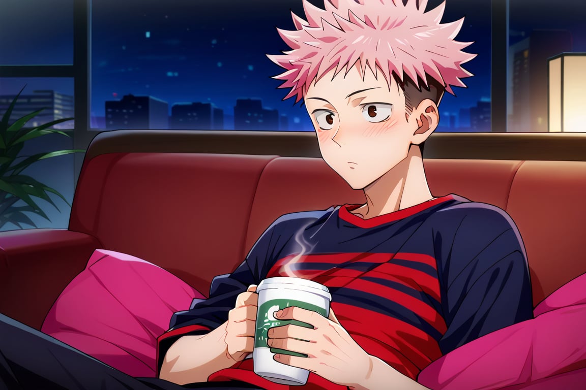 anime, man, sexy pose,  
a man lying on a sofa, blushing, lifting his shirt, night,yuuji_itadori, pink hair, brown eyes, short hair, undercut, spiked hair, with a large cup of coffee