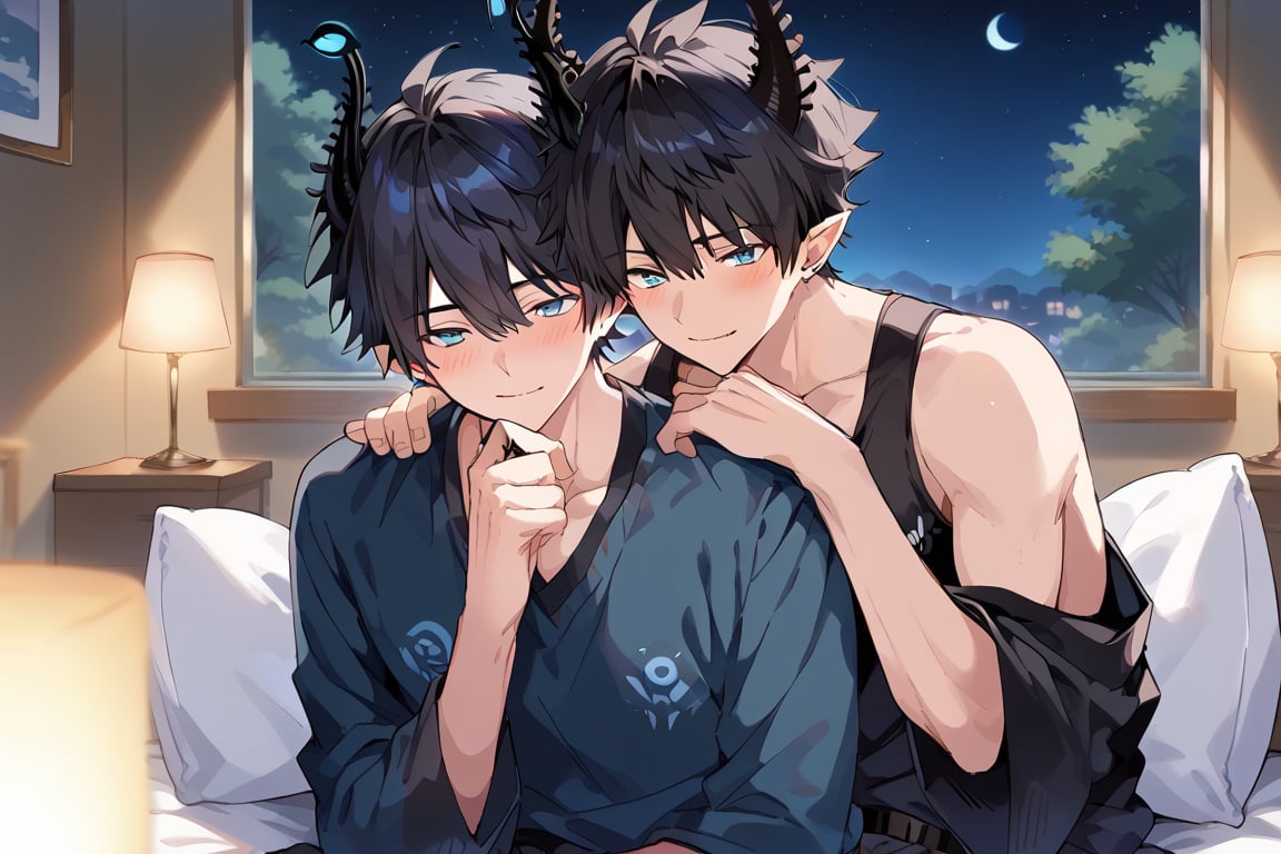 masterpiece, best quality, 2boy, horns, black hair, blue eyes, pointed ears, a man looking at the viewer, blushing, sexy, two men, anime, anime, 
two men sitting on a bed, at night, together