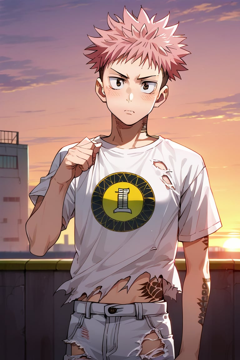 man with a black baseball cap, a black sleeveless t-shirt and torn jean pants, wall background, posing blushing, anime. , sunset, tattoo, 1 man,yuuji_itadori, pink hair, brown eyes, short hair, undercut, spiked hair