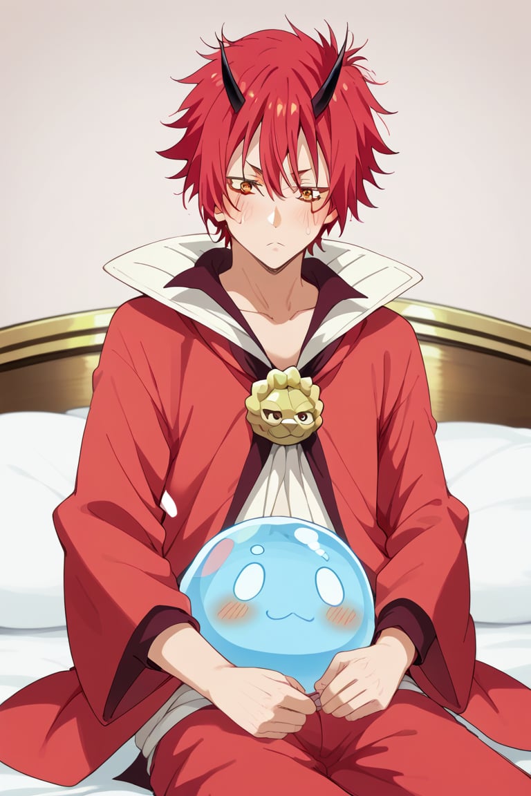 anime, man, sexy pose, sitting on the bed holding a round light blue slime,, blushing,, 


,benimaru_tensura, red hair