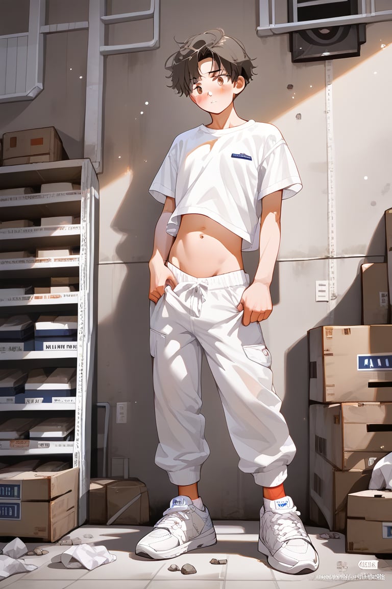 anime, man, sexy pose,1 man, alone, abdomen, stomach, navel, 
, shirt, white shirt, crop top, , , short, short, short ankle socks, shoes, socks, sneakers, , 
warehouse, concrete walls, with his back to the viewer, blushing, a man, pulling down his pants taking off


