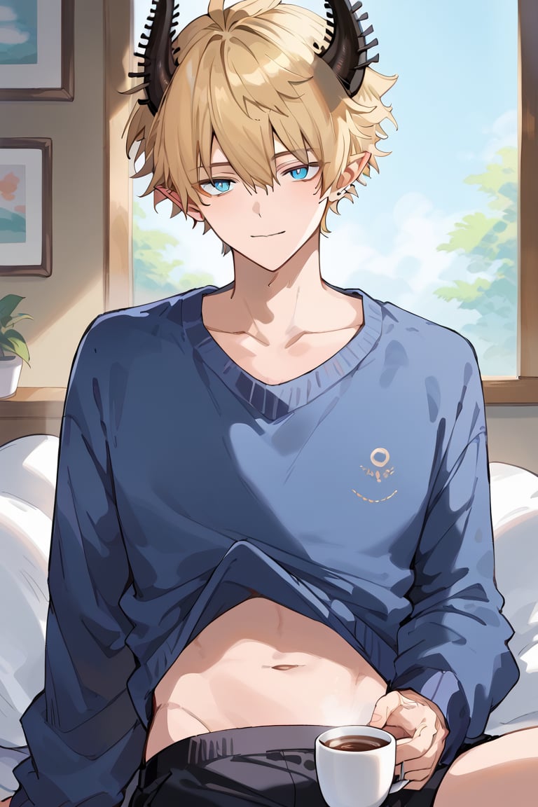  masterpiece, best quality, 1boy, male focus, ren_zotto, horns, blonde hair, blue eyes, pointy ears, looking at viewer a man with a crop top sweater that shows his navel,  
man sitting on a bed, looking at viewer, cup of steaming coffee