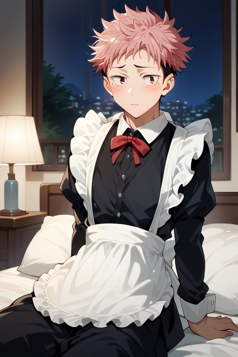 Score_9, Score_8_up, Score_7_up, Score_6_up, Score_5_up, Score_4_A man sitting on the bed, wearing maid clothes, maid suit, blushing. , night, 


,yuuji_itadori