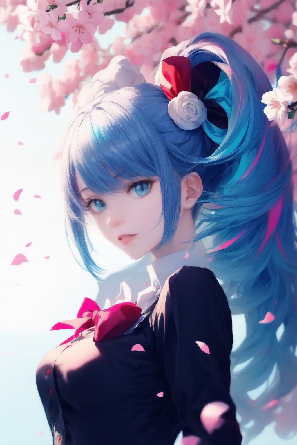 1girl, solo, long hair, breasts, looking at viewer, blush, smile, bangs, blue_hair,blue eyes, shirt, hair ornament, ribbon, tiny_breasts, blue hair, hair ribbon, upper body, pink hair, flower, multicolored hair, parted lips, hair flower, streaked hair, petals, hair intakes, blue ribbon, cherry blossoms, pink flower