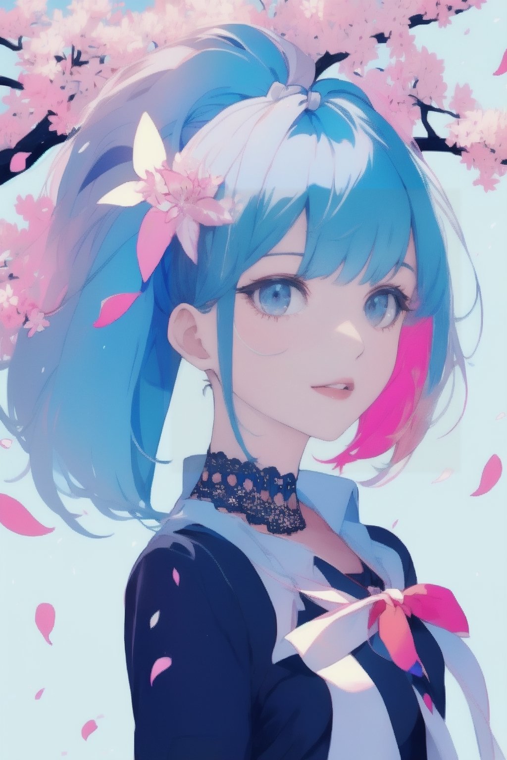 1girl, solo, long hair, breasts, looking at viewer, blush, smile, bangs, blue_hair,blue eyes, shirt, hair ornament, ribbon, tiny_breasts, blue hair, hair ribbon, upper body, pink hair, flower, multicolored hair, parted lips, hair flower, streaked hair, petals, hair intakes, blue ribbon, cherry blossoms, pink flower