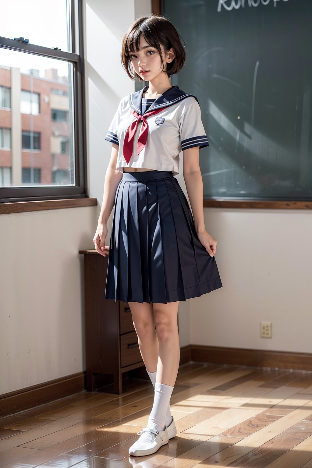 1girl,blown hair,short hair,school uniform,sailor suit,
white crew socks,standing,indoors,class_room,