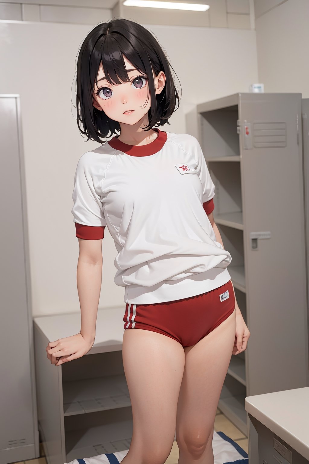 1girl,16 years old,japanese,black small eyes,black hair,bob cut,(gym uniform,red buruma, white shirt, short sleeves, thighs:1.3),
indoors, locker room,BRS0,full_body shot,