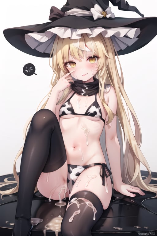 1girl, blonde hair, witch hat, yellow eyes, long hair, bikini, cow print, thigh highs, (cum_on_face:1.3), (cum_on_hair:1.3), high quality, best quality, sitting 