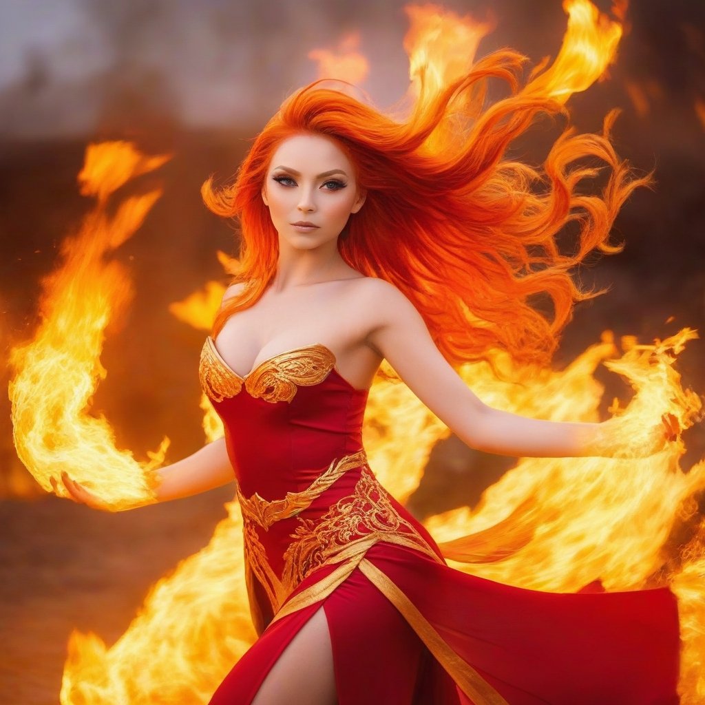 1girl, Lina, fiery hair, red and gold dress