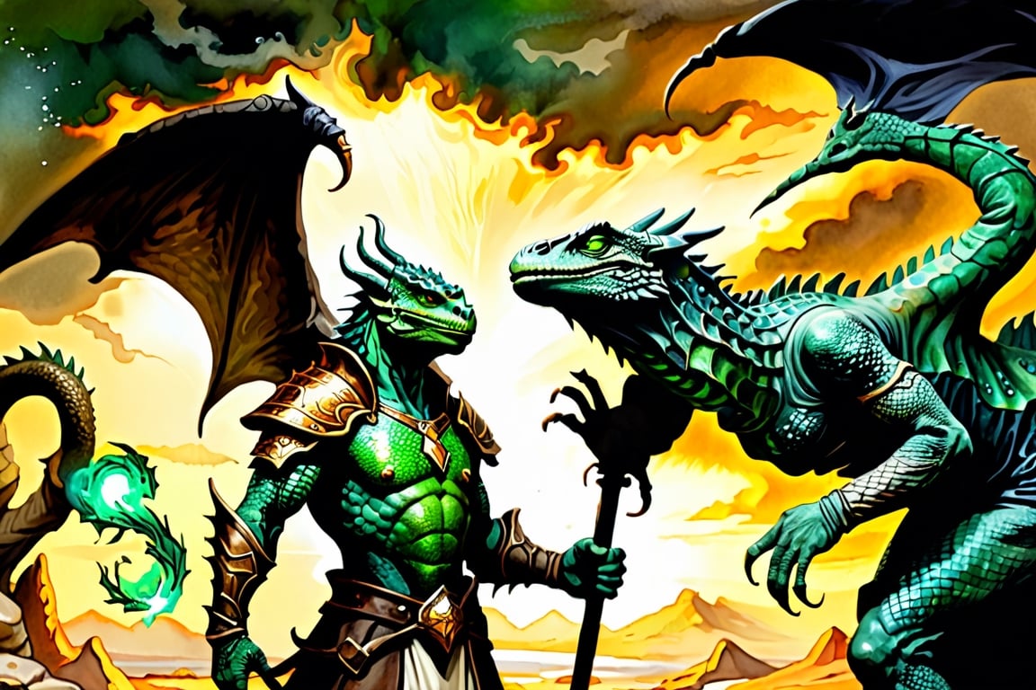 full body portrait, lizard man, wizard character, scales, wizard, mage, bronze dragon, dragonborn, anthropomorphic, creature, mottled, illustration, sunburn, lizard man, emerald green eyes, realistic fantasy artwork, fantasy background, leather , Dragon and Sphinx,