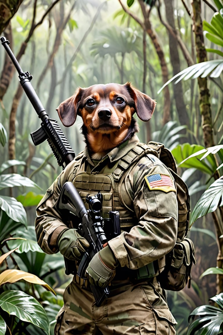 hawaii with a dog Dachshund Chihuahua face, soldier with rifle, camouflage clothing, tactical gloves, background of the image a jungle, medium shot, medium view