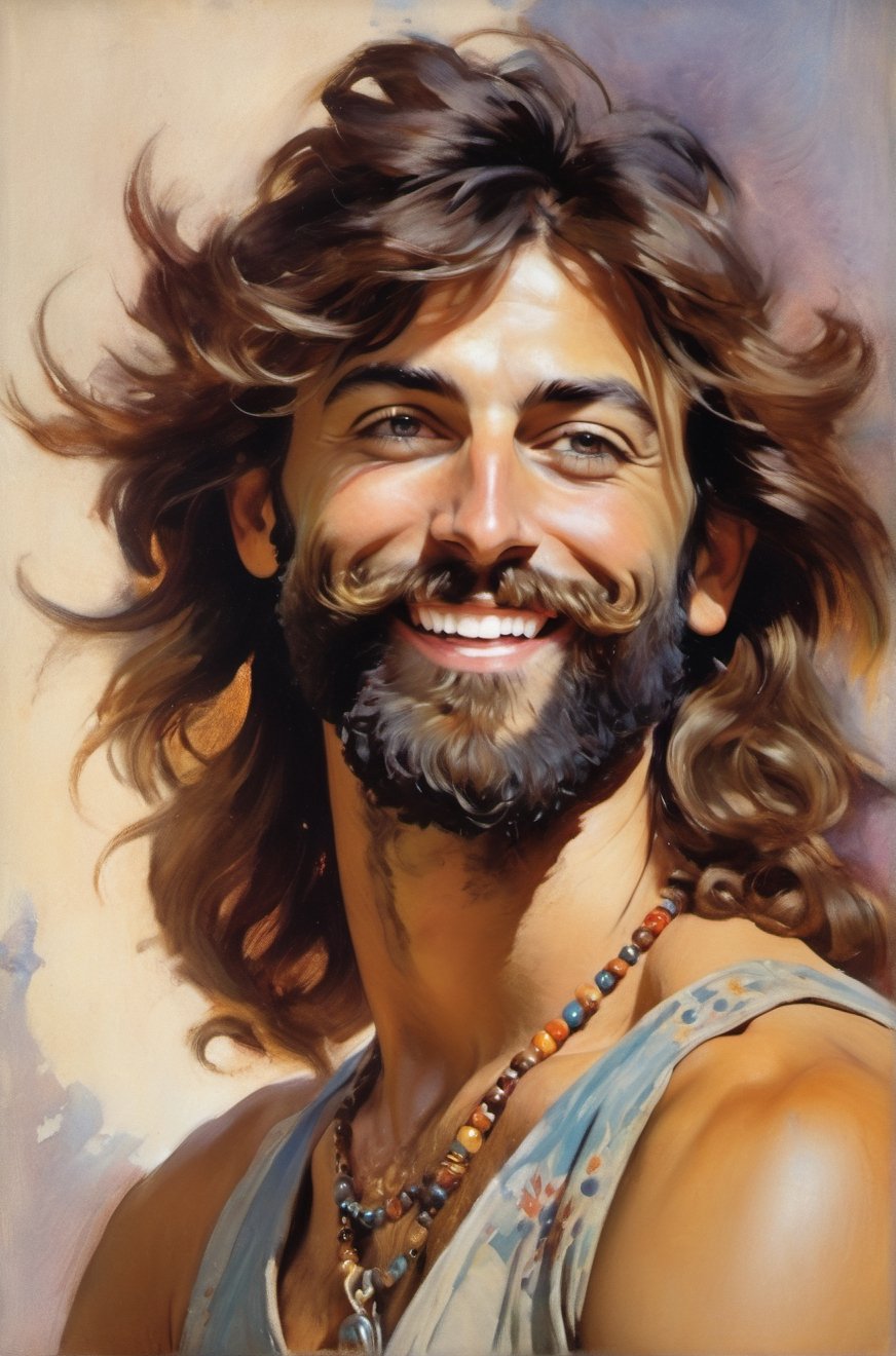 Oil painting portrait, upper body of hippie man, oblique side angle, sunglasses, very detailed beard, art of John Singer Sargent, hair detail, eye detail, hair and beard detail, focus on eyes, hippie Neck and shoulder tattoo, wearing vest and smiling, poster style