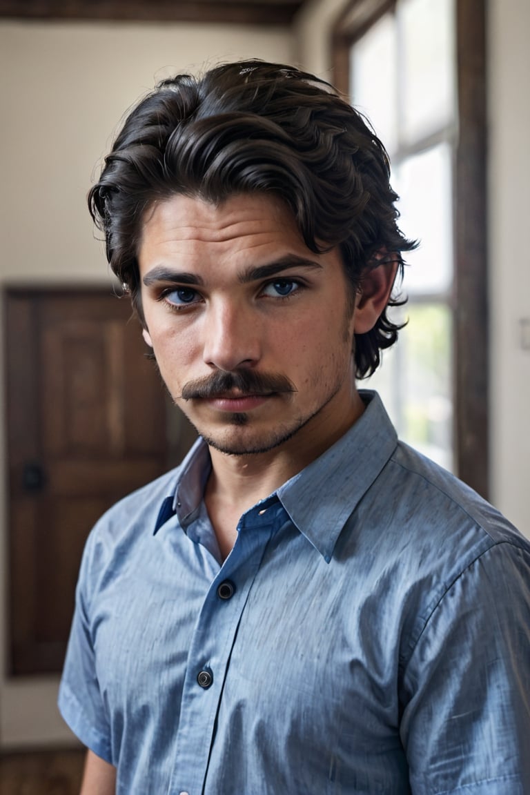 solo, looking at viewer, shirt, black hair, 1boy, male focus, collared shirt, indoors, black eyes, facial hair, blue shirt, portrait, realistic, mustache