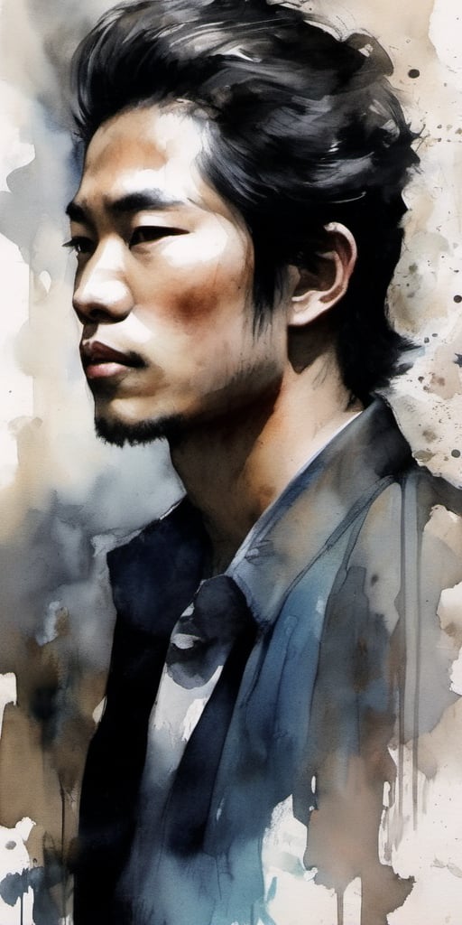 In the style of yingjer lin, a handsome oriental man emerges from the depths of darkness, her essence being a fusion of handsomeness and intelligence.  With his piercing eyes and heavy metal band's ebony hair, he exudes an aura of mystery that draws the audience into his world.  Bao's brushstrokes imbue the painting with a unique blend of realism and abstraction, highlighting the Oriental boy's delicate features and contrasting with the deep, rich tones.  The interplay of light and shadow adds depth and dimension to the artwork, creating a hauntingly beautiful portrait of this Gothic muse.  Baugh's unique style captures the essence of a man's mysterious nature, inviting the viewer to explore the depths of her soul, nsfw, portrait art, portrait art style, 1 boy, ink